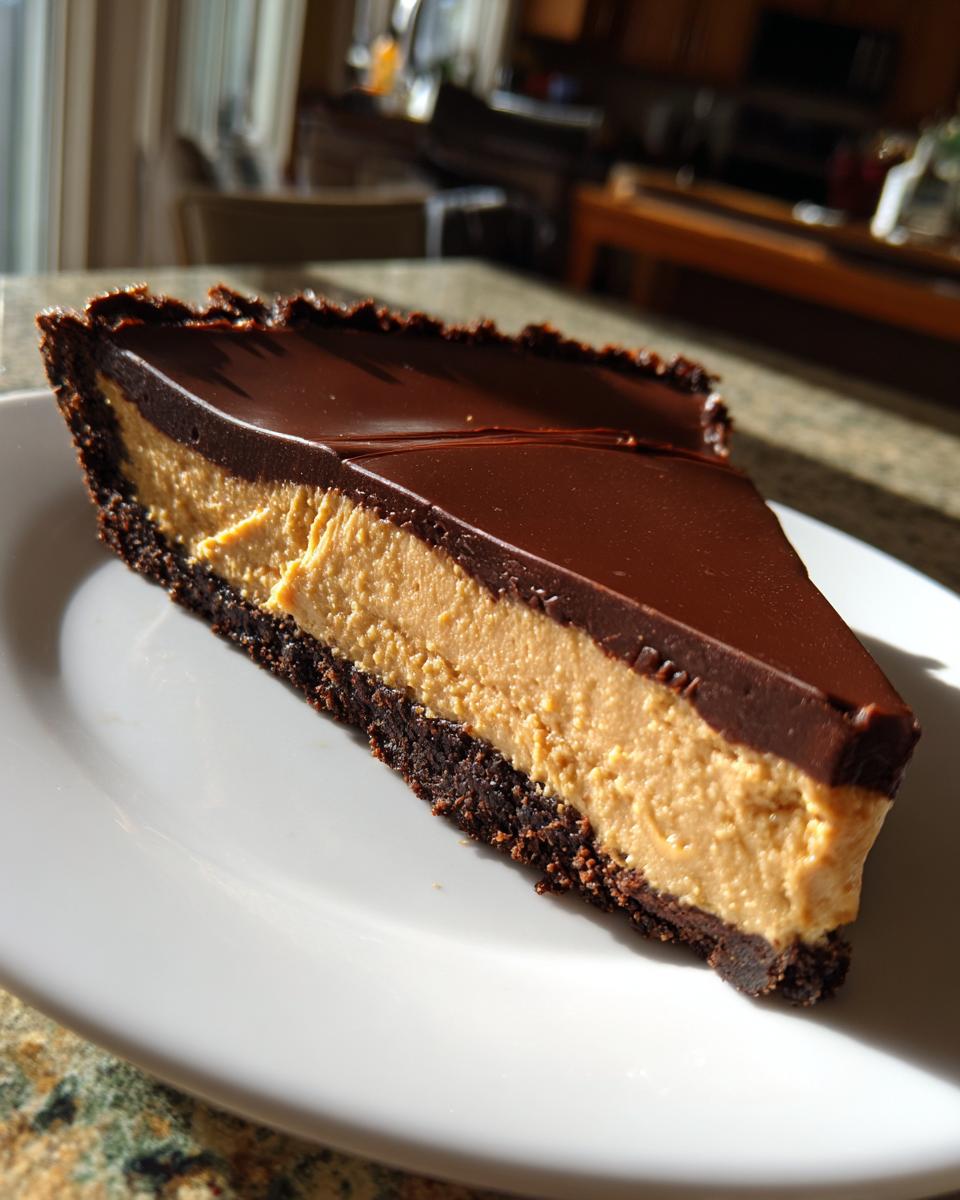 A close-up view of a rich slice of peanut butter chocolate tart with a dark crust, creamy filling, and glossy chocolate topping.