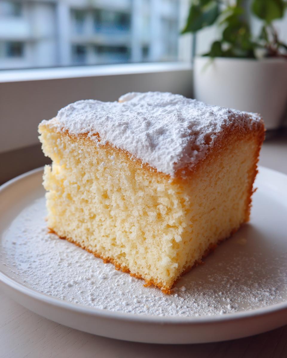 A square slice of moist, yellow warm milk cake dusted generously with powdered sugar on a white plate.