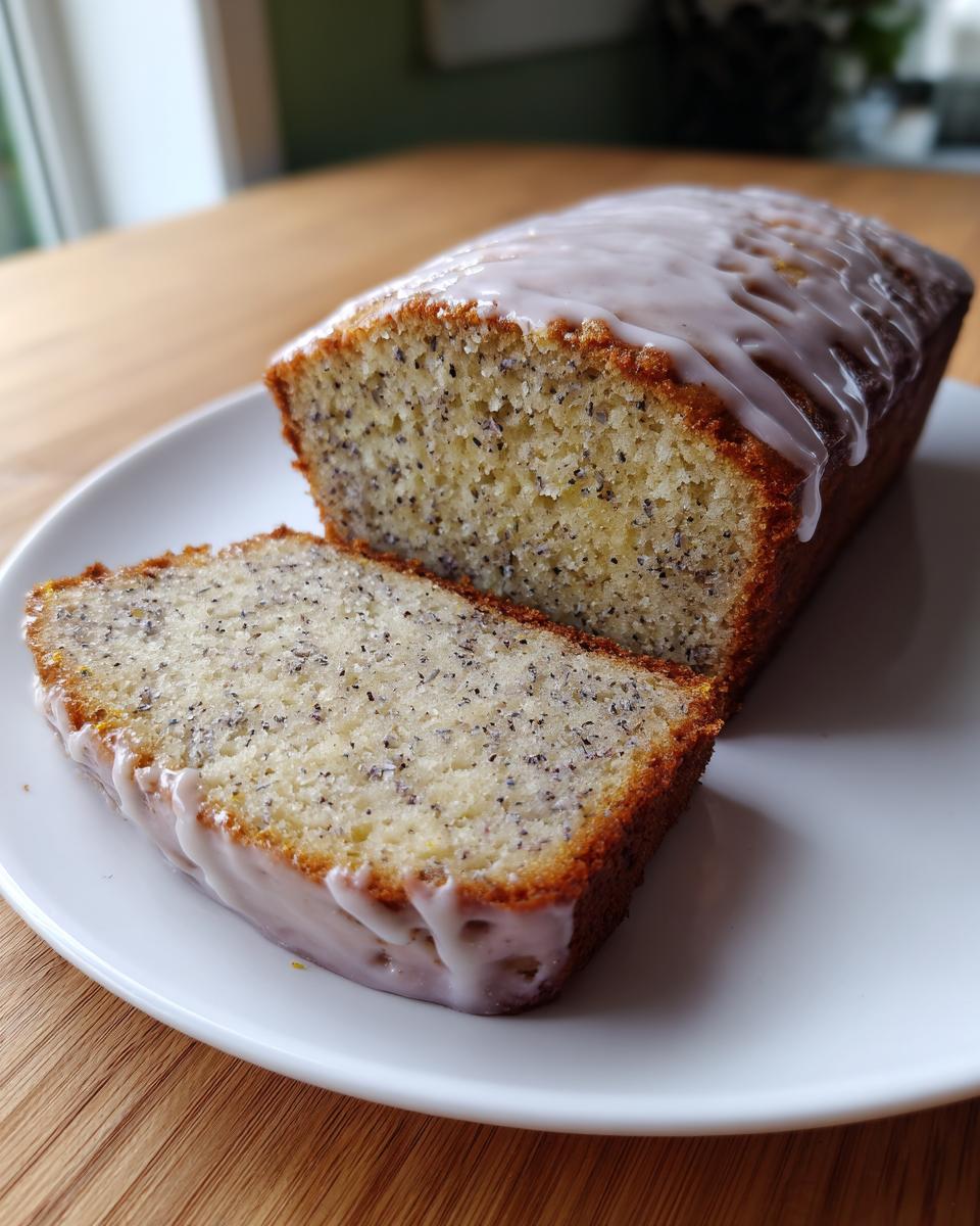 A close-up of a sliced Earl Grey lavender loaf cake with a light glaze drizzled over the top, resting on a white plate.