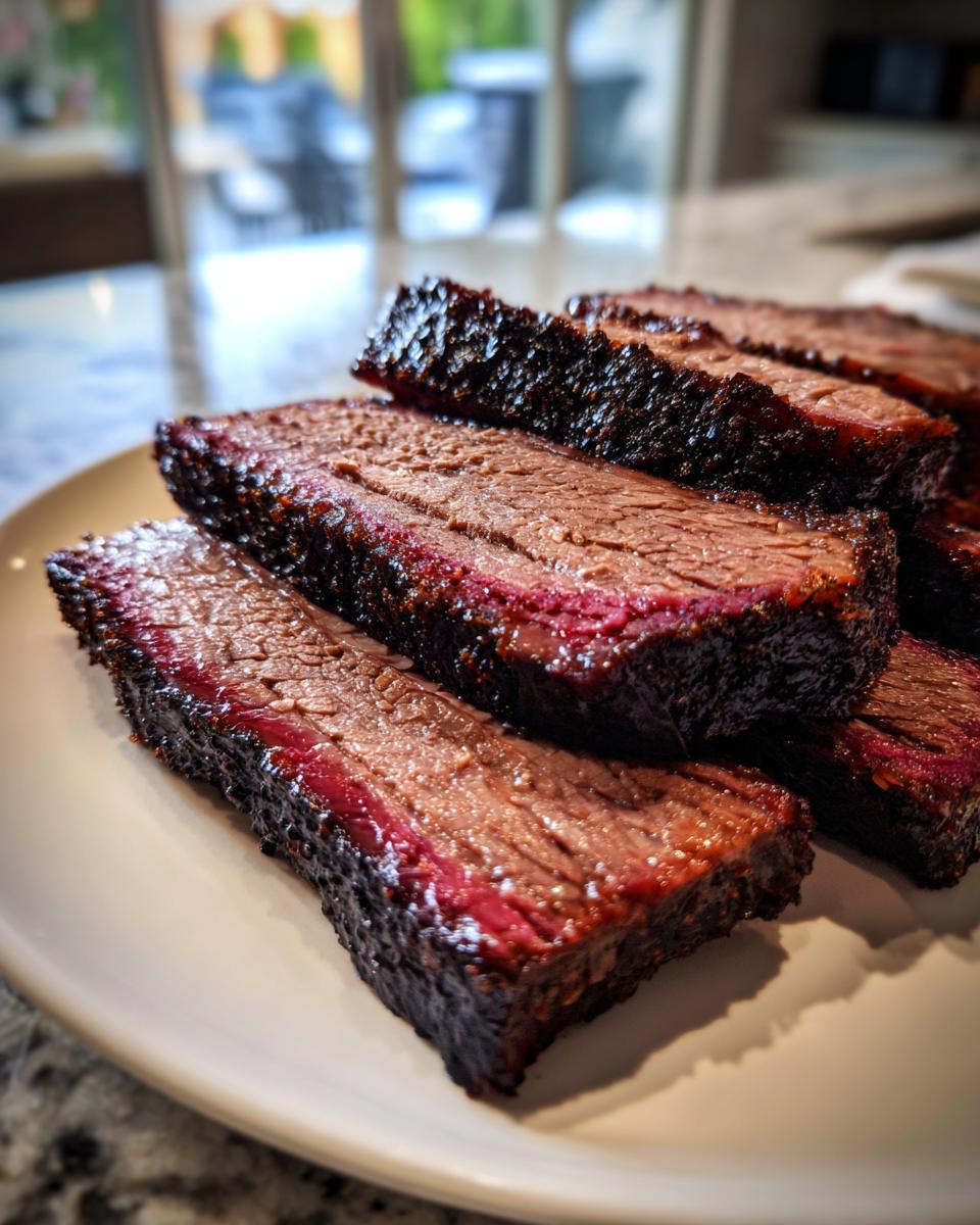 Close-up of thick slices of smoked beef brisket showing a deep red smoke ring and dark bark.