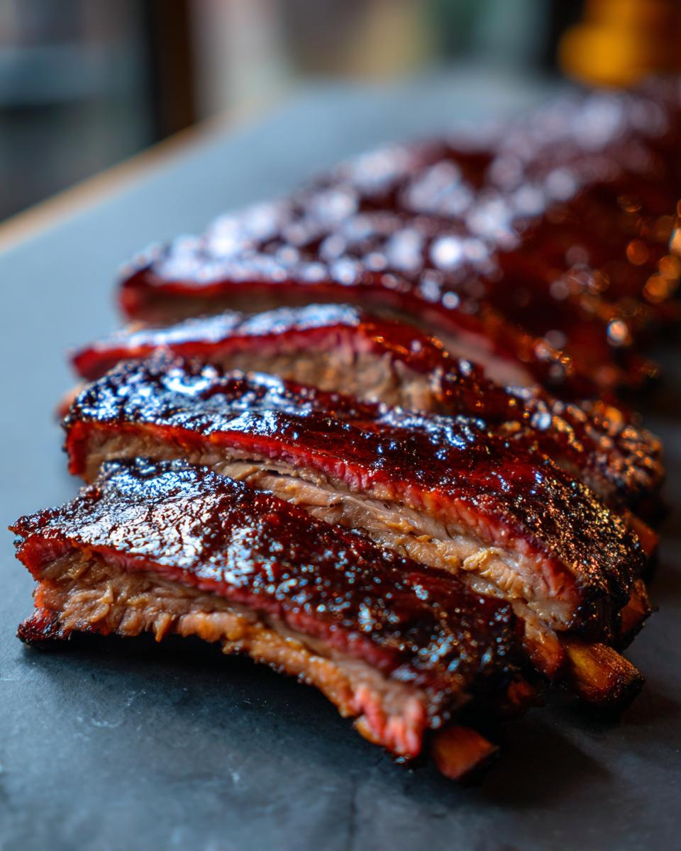 Cross-section view of tender, sliced Smoky BBQ ribs coated in a thick, glossy sauce.