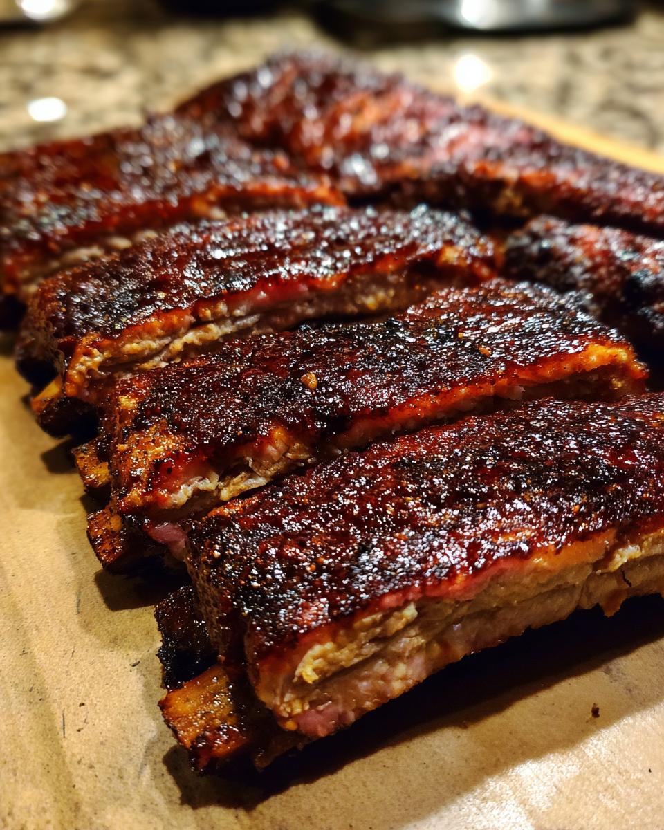 Close-up of perfectly sliced Smoky BBQ ribs, showing a thick, dark, caramelized glaze and tender meat.