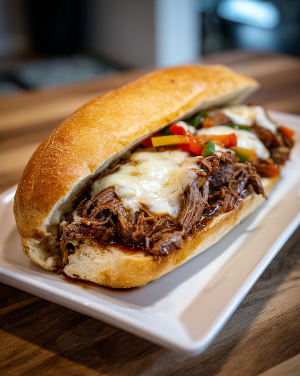 A delicious Slow Cooker Italian Beef sandwich overflowing with shredded beef, melted white cheese, and peppers on a hoagie roll.