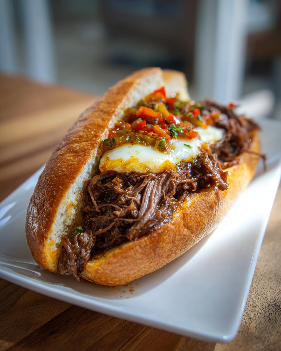 A hearty Slow Cooker Italian Beef sandwich piled high with shredded beef, melted cheese, and giardiniera on a crusty roll.