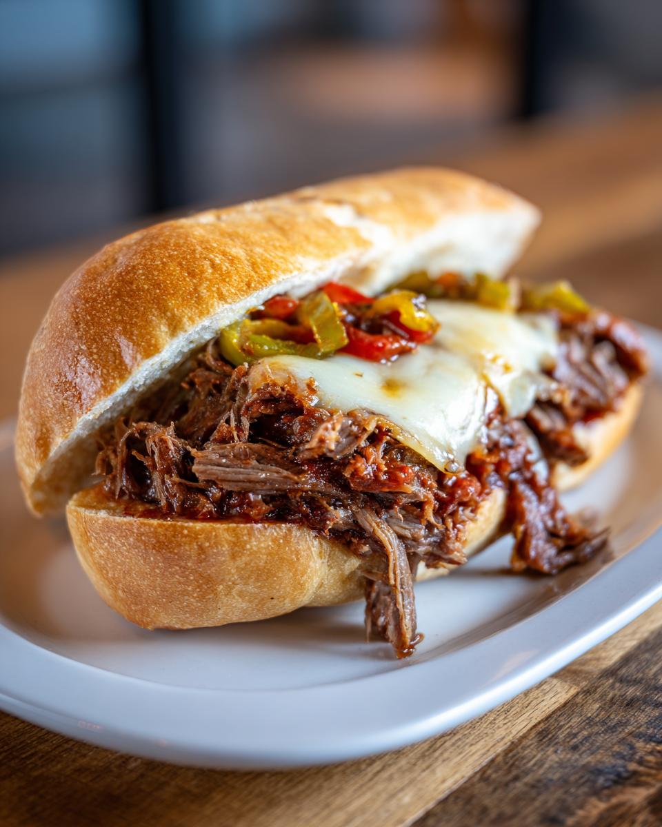Close-up of a hearty Slow Cooker Italian Beef sandwich loaded with shredded beef, melted cheese, and peppers on a roll.