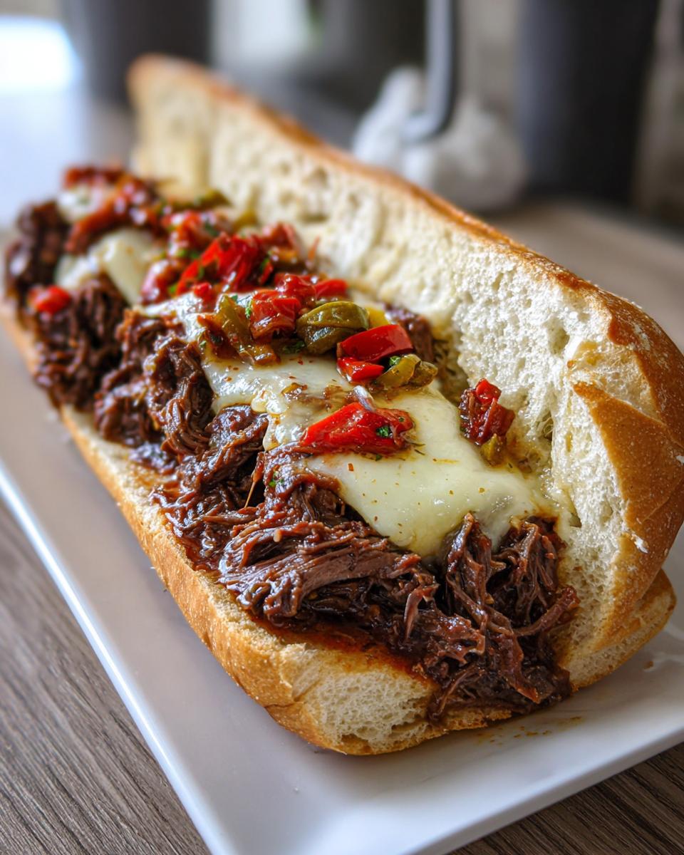 A close-up of a hearty Slow Cooker Italian Beef sandwich loaded with shredded beef, melted white cheese, and peppers on a crusty roll.