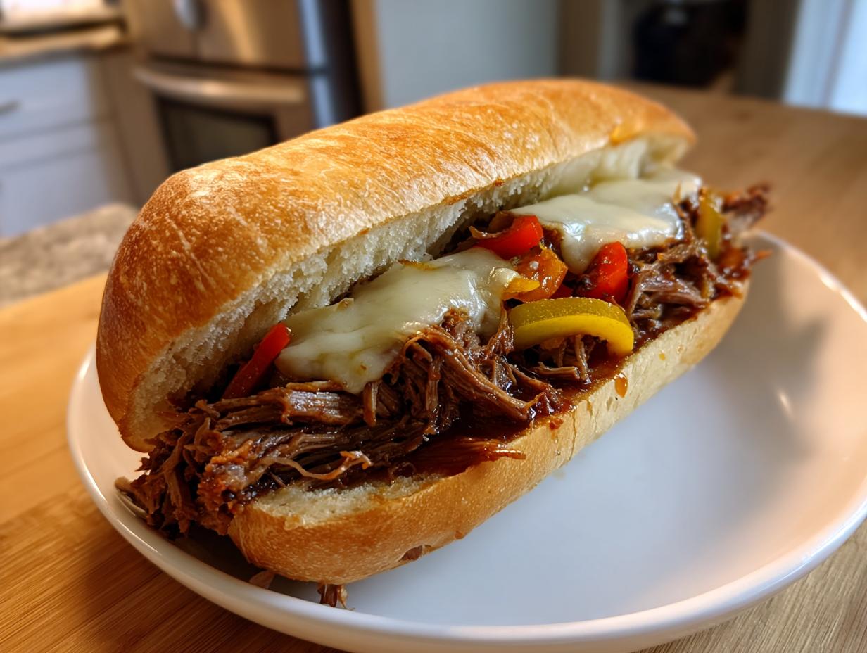 A delicious Slow Cooker Italian Beef sandwich loaded with shredded beef, peppers, and melted white cheese on a crusty roll.