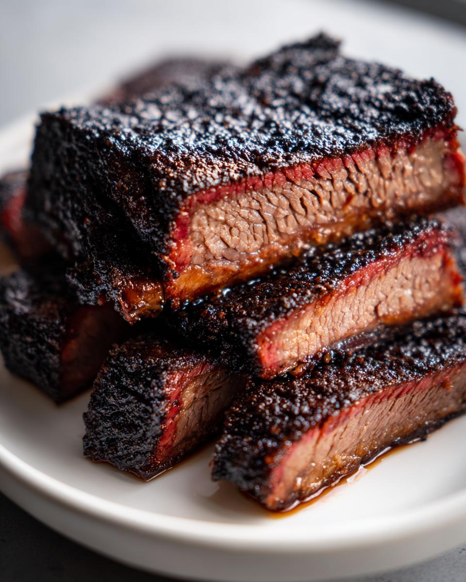 Close-up of perfectly cooked, cubed smoked beef brisket with a dark bark and visible smoke ring.