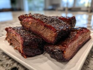 Close-up of thick, juicy slices of smoked beef brisket showing a dark bark and a visible pink smoke ring.
