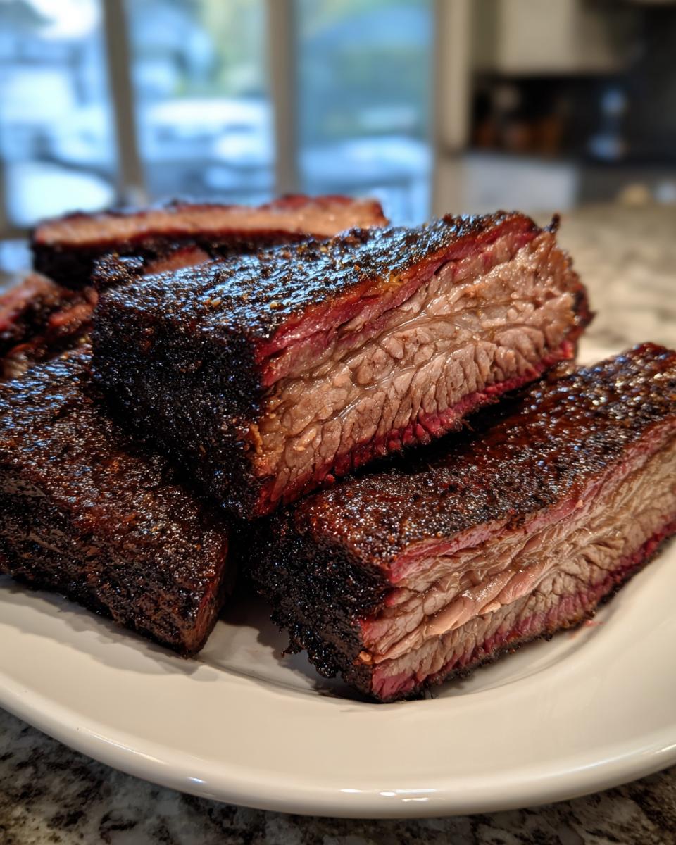 Close-up of thick, juicy slices of smoked beef brisket showing a deep red smoke ring and dark bark.