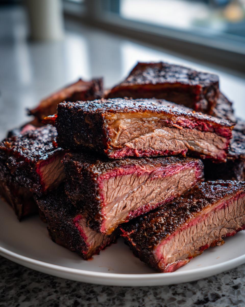 Close-up of perfectly sliced smoked beef brisket cubes showing a deep red smoke ring and dark bark.