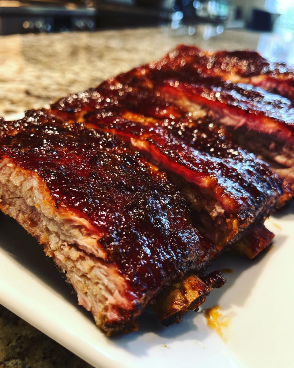Close-up of tender, glazed Smoky BBQ ribs cut into sections, showing the moist meat and thick sauce.