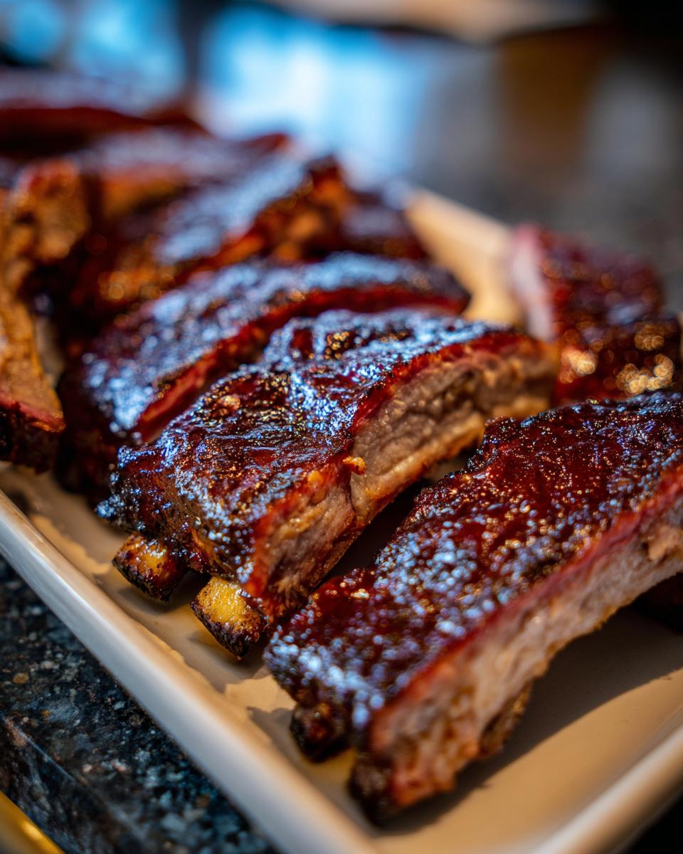 Close-up of perfectly cooked, glazed Smoky BBQ ribs cut into individual portions on a white serving platter.