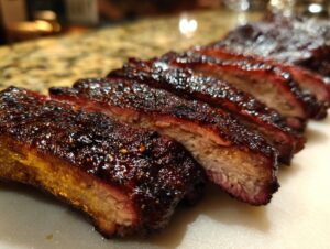 Close-up of perfectly cooked, sliced Smoky BBQ ribs showing a deep smoke ring and glossy, dark bark.