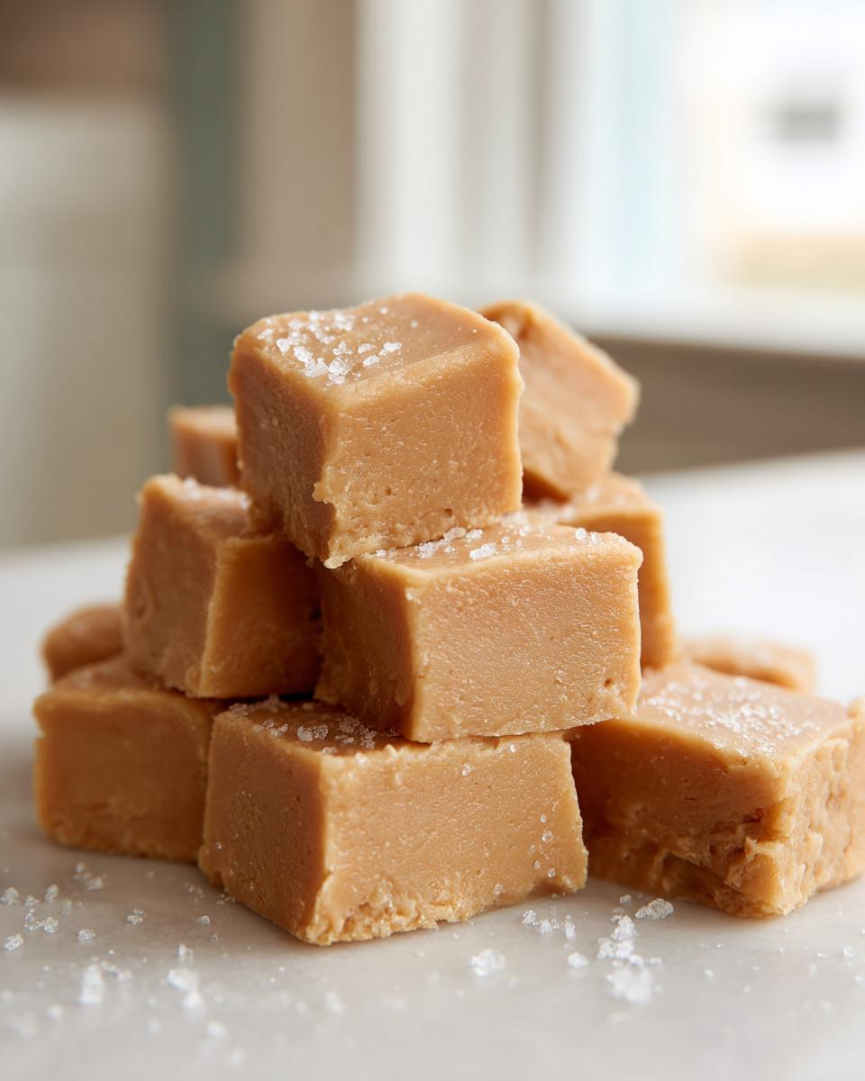 A close-up stack of creamy, light brown peanut butter fudge cubes sprinkled with coarse sea salt.