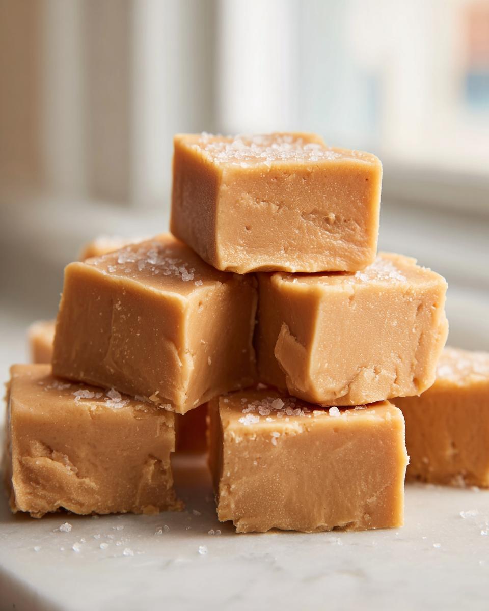 A close-up stack of rich, creamy peanut butter fudge squares topped with coarse sea salt.