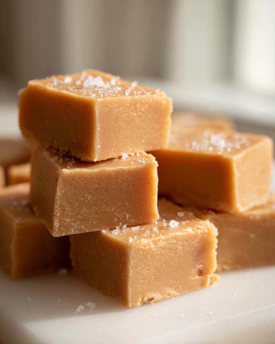 Stack of smooth, light brown peanut butter fudge squares topped with flaky sea salt.