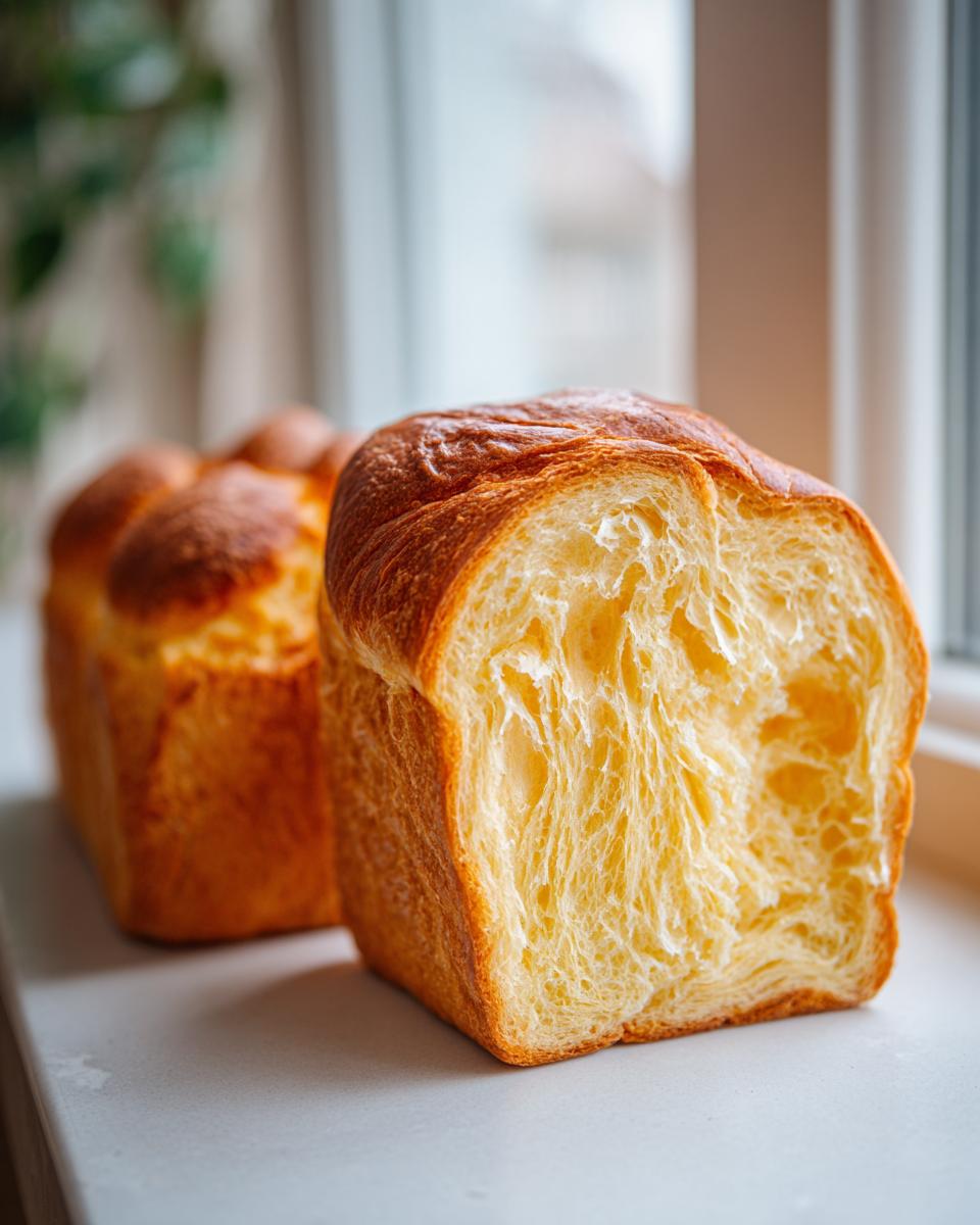 A close-up view showing the incredibly soft, fluffy, and yellow crumb structure of a loaf of Honey milk bread.