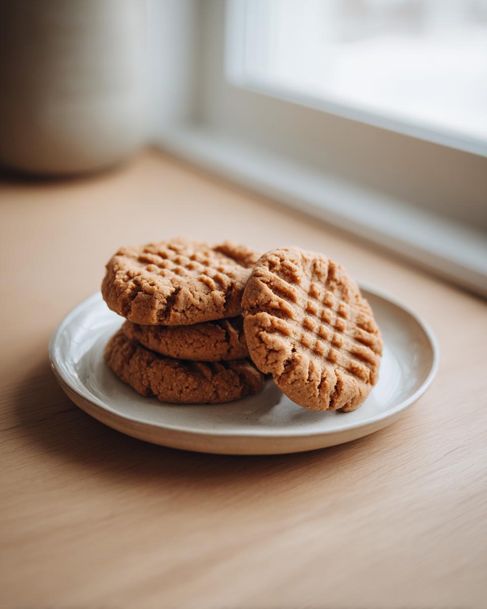 A stack of four Soft peanut butter cookie treats featuring the classic crosshatch fork pattern on a small white plate.