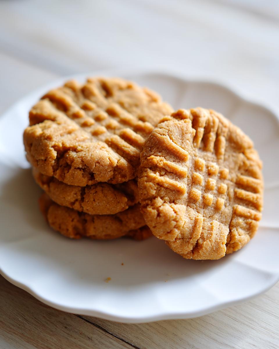 A stack of freshly baked, soft peanut butter cookie treats showing classic crisscross fork marks on a white scalloped plate.