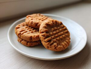 A stack of three golden brown soft peanut butter cookie with classic fork crosshatch pattern on a light plate.
