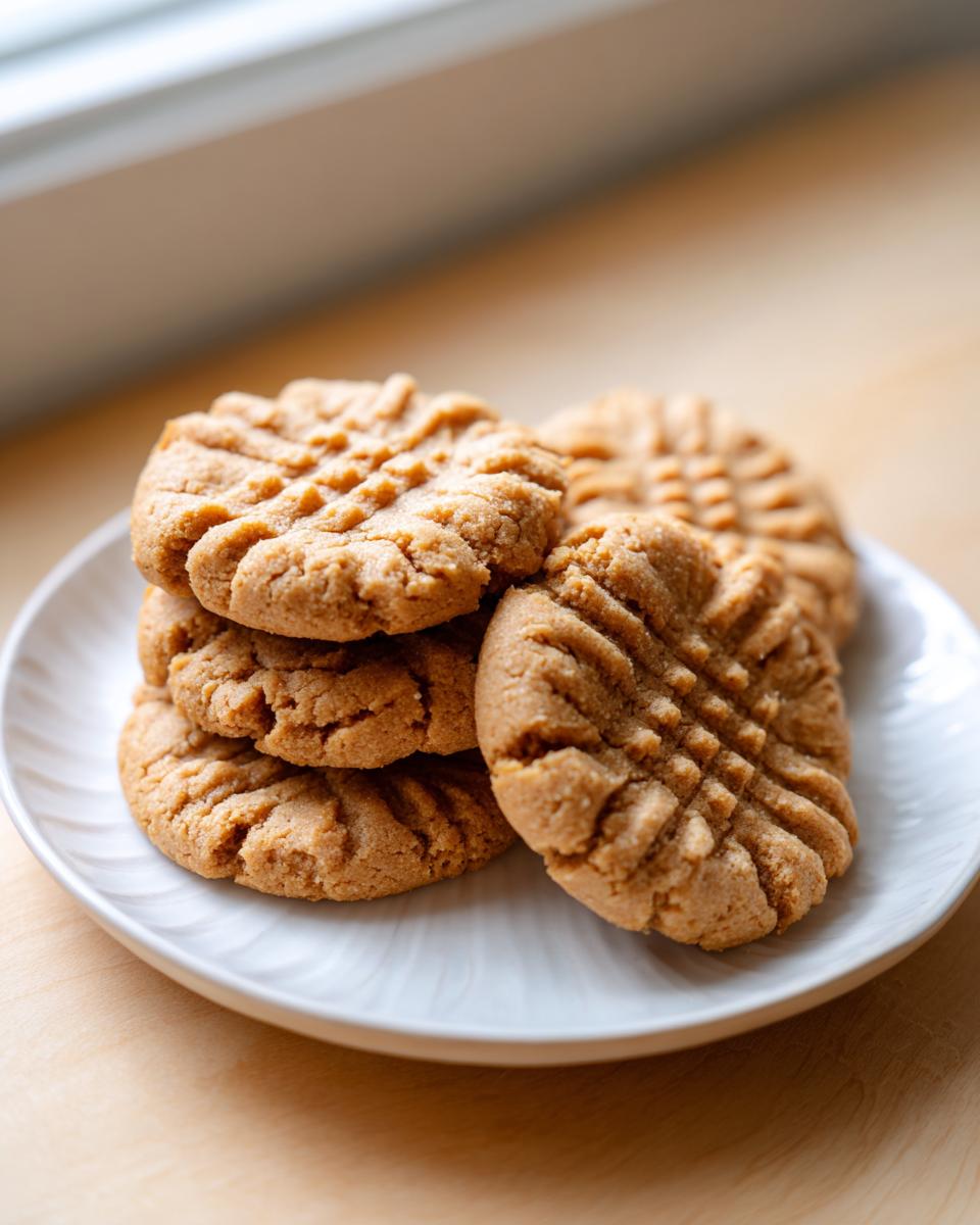 A stack of freshly baked soft peanut butter cookie rounds featuring classic criss-cross fork marks, resting on a white plate.