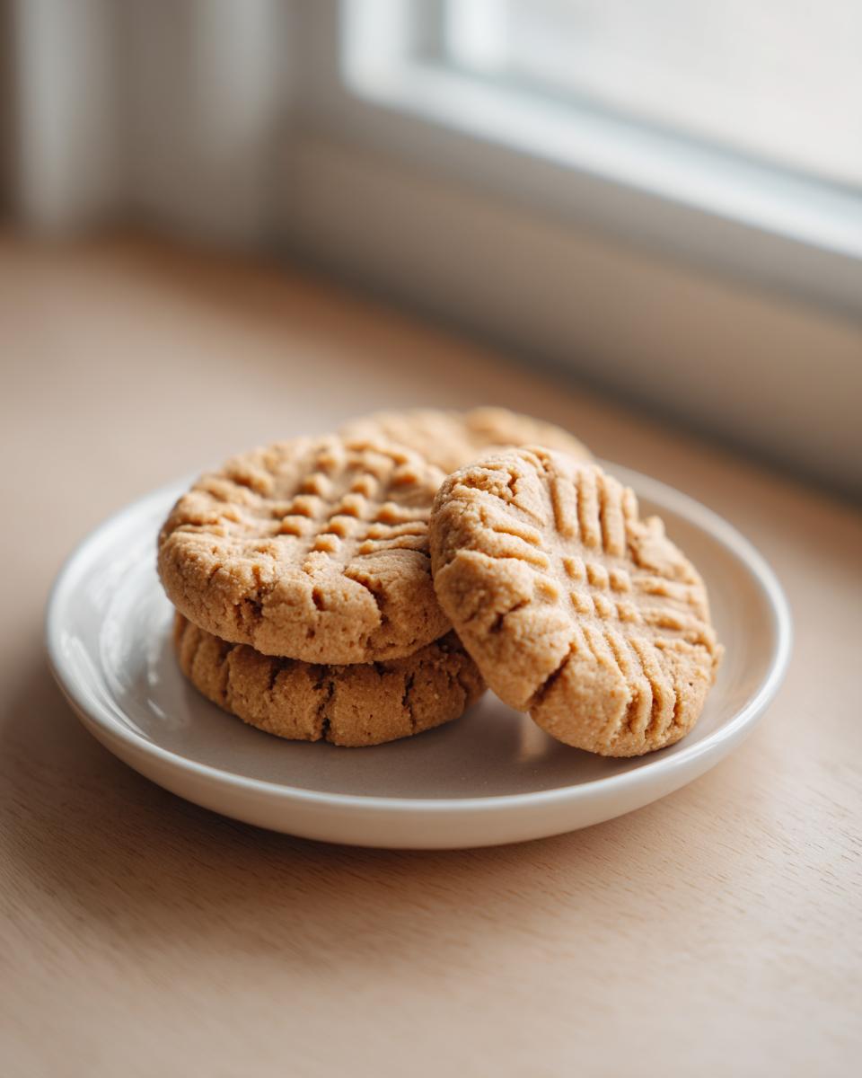 Three classic Soft peanut butter cookie treats stacked on a small white plate near a window.