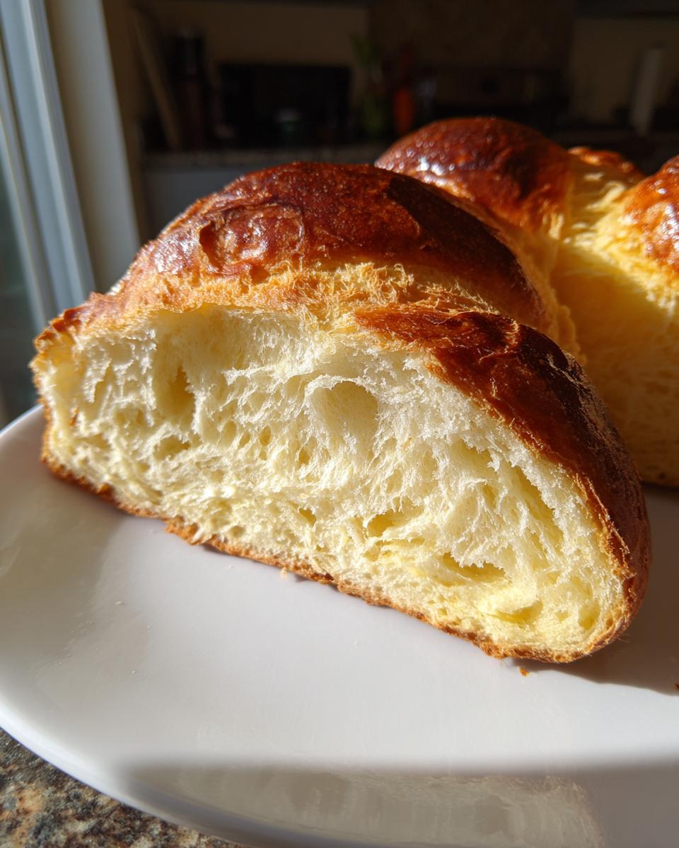 Close-up of the interior crumb structure of a freshly baked Sourdough brioche loaf showing its soft texture and golden crust.