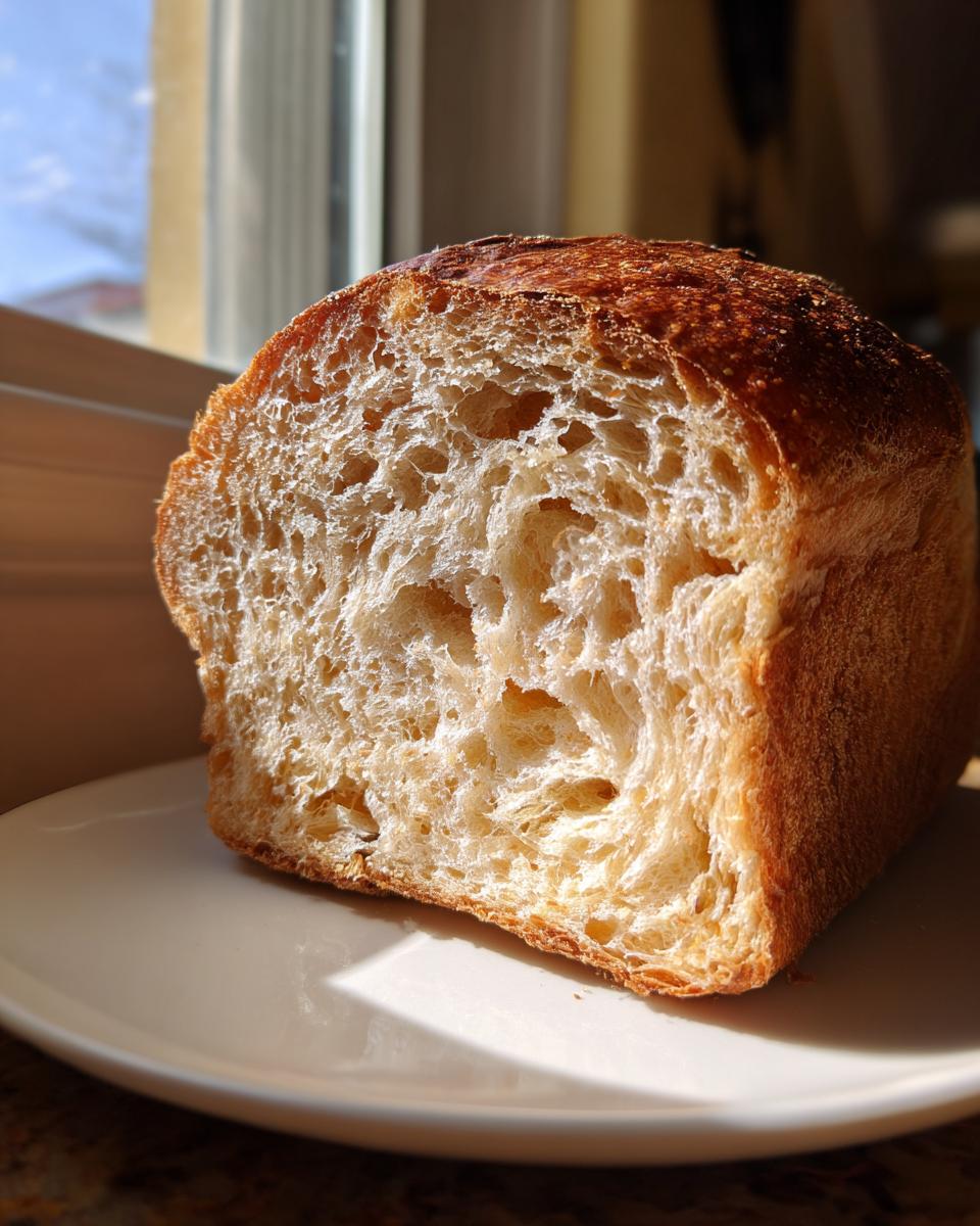 Close-up of a freshly baked sourdough brioche loaf, showing its open, airy crumb structure and golden crust.