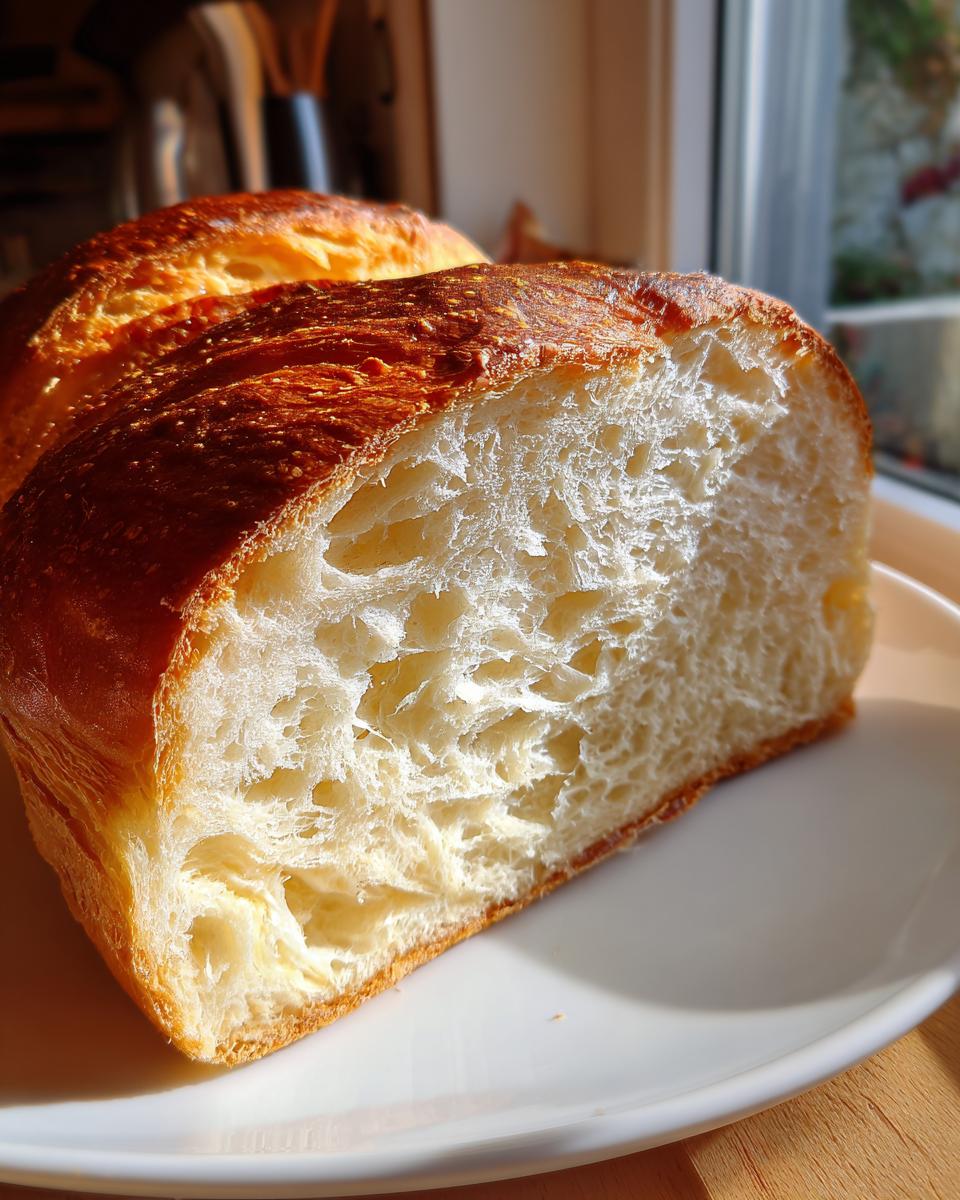 Close-up of a sliced Sourdough brioche loaf showing the soft, airy interior crumb and golden, shiny crust.