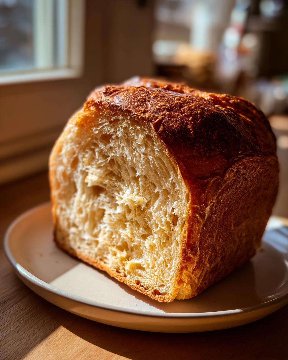 Close-up of a freshly baked Sourdough brioche loaf, showing its rich golden crust and fluffy, open interior crumb.