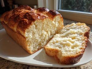 A golden-brown sourdough brioche loaf, partially sliced, showing its soft, rich interior texture.