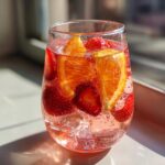 A refreshing glass of sparkling rosé sangria filled with ice, strawberries, and orange slices, sparkling in the sunlight.