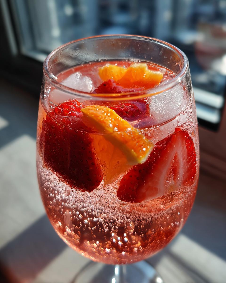 A close-up of a glass filled with sparkling rosé sangria, ice cubes, sliced strawberries, and orange wedges.