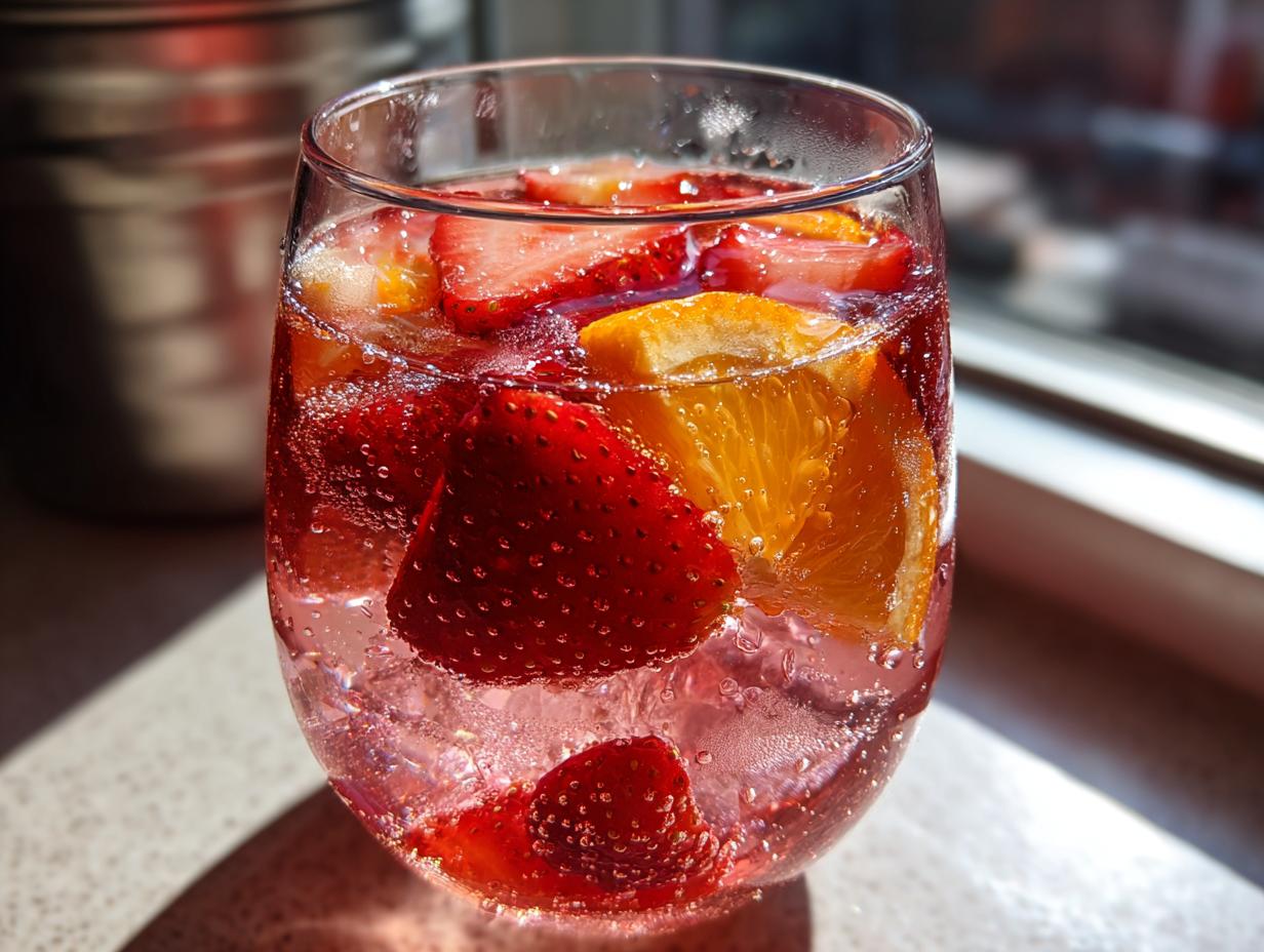 Close-up of a glass filled with sparkling rosé sangria, ice, strawberries, and orange slices, showing bubbles.