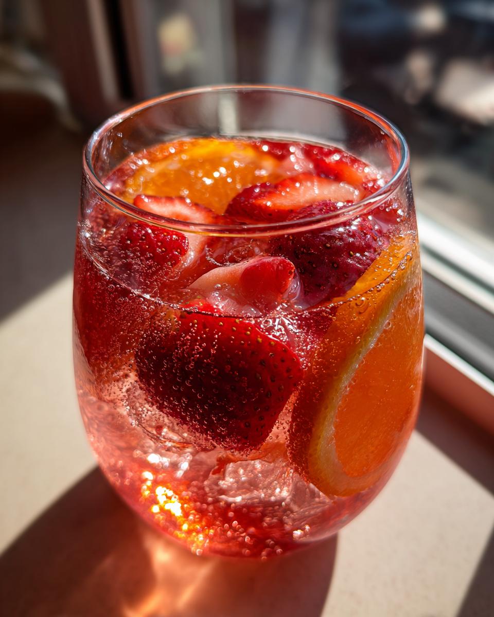 Close-up of a glass filled with sparkling rosé sangria, loaded with sliced strawberries and orange wedges, catching bright sunlight.