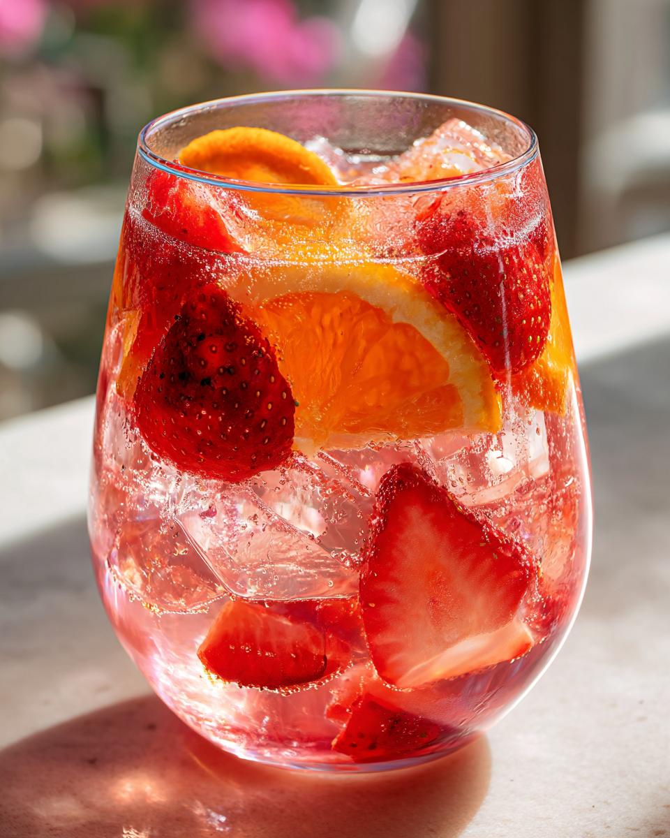 Close-up of a glass filled with sparkling rosé sangria, ice, sliced strawberries, and orange wedges.