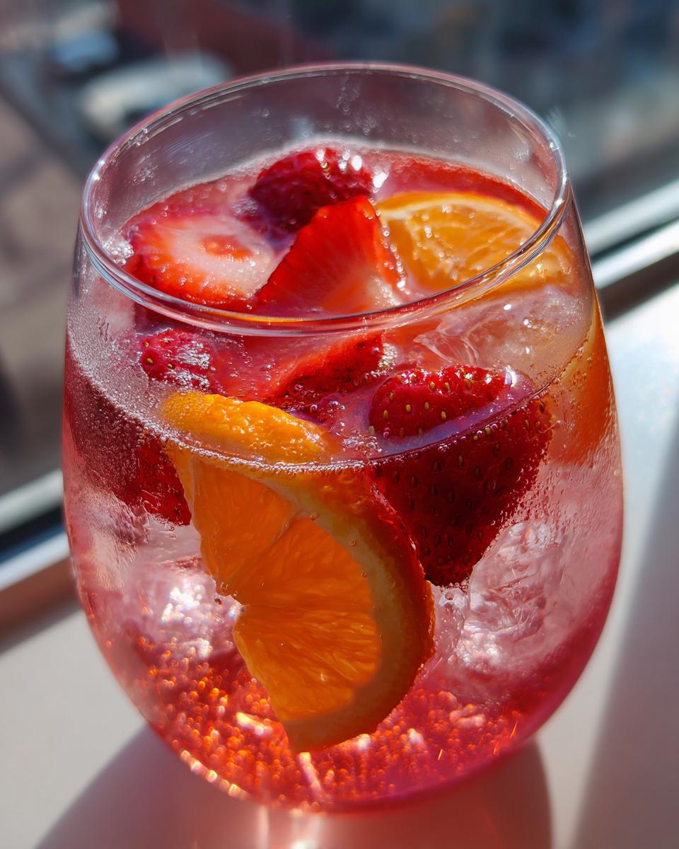 Close-up of a glass filled with sparkling rosé sangria, ice, sliced strawberries, and orange wedges.