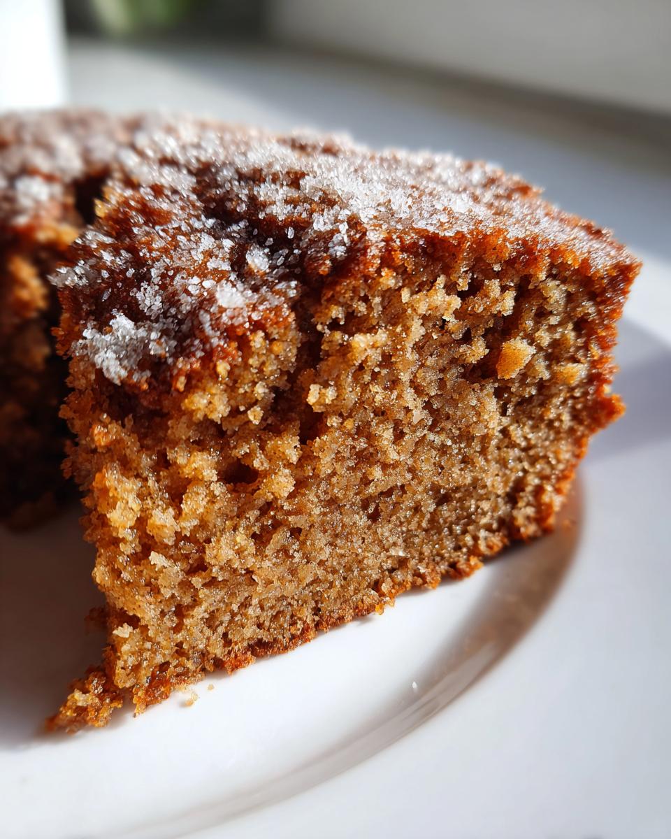A moist slice of Spiced applesauce cake, showing its crumb texture and topped with sparkling granulated sugar.