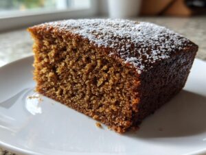 Close-up of a square slice of moist, dark brown spiced applesauce cake dusted lightly with powdered sugar.