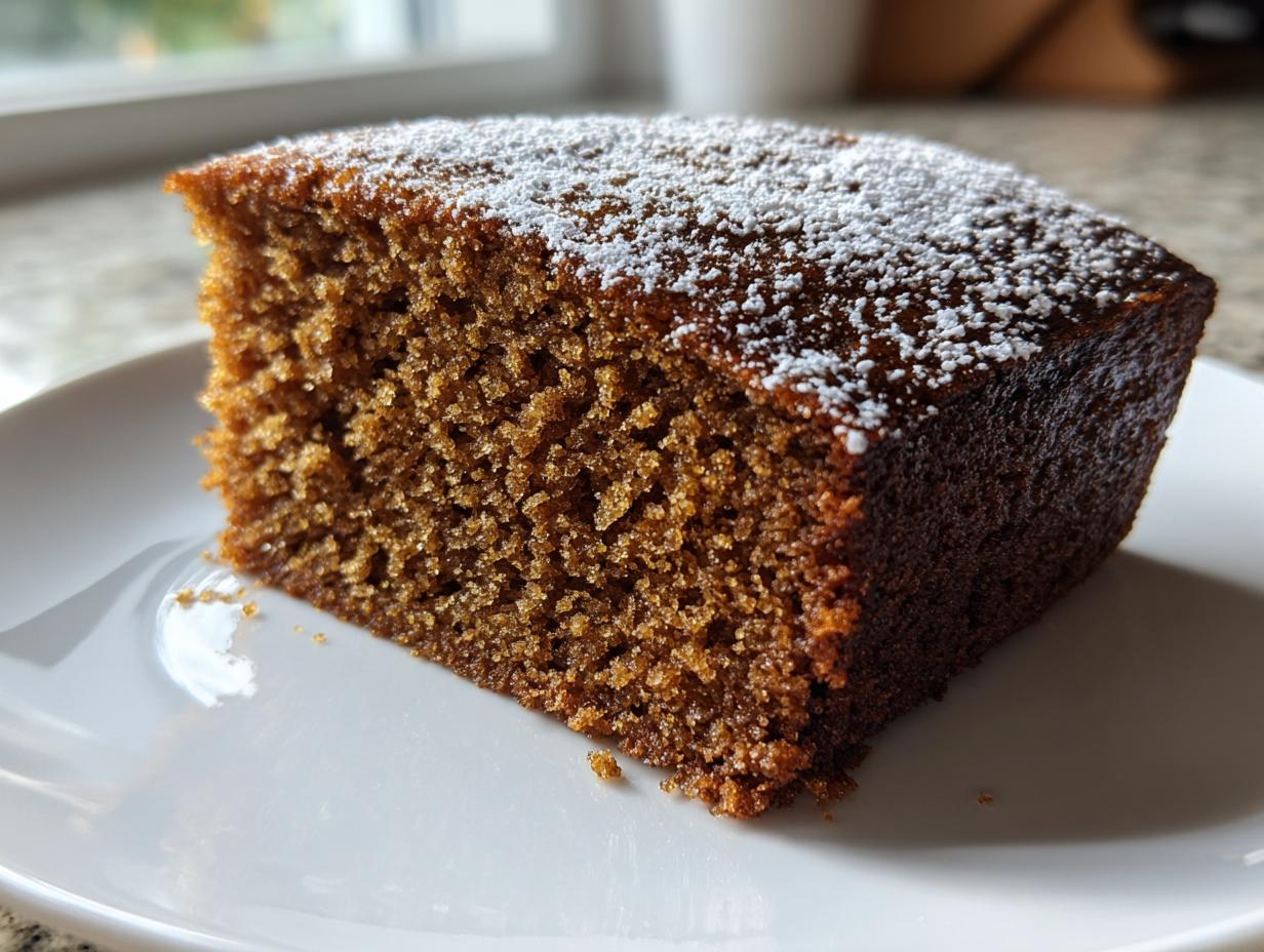 Close-up of a square slice of moist, dark brown spiced applesauce cake dusted lightly with powdered sugar.
