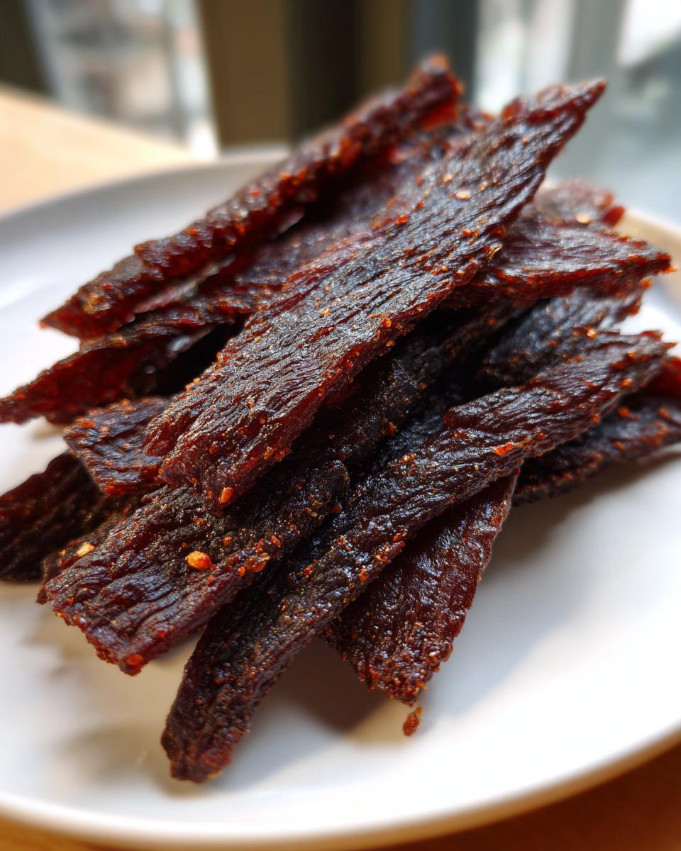 Close-up of dark, richly seasoned strips of spicy homemade beef jerky piled on a white plate.