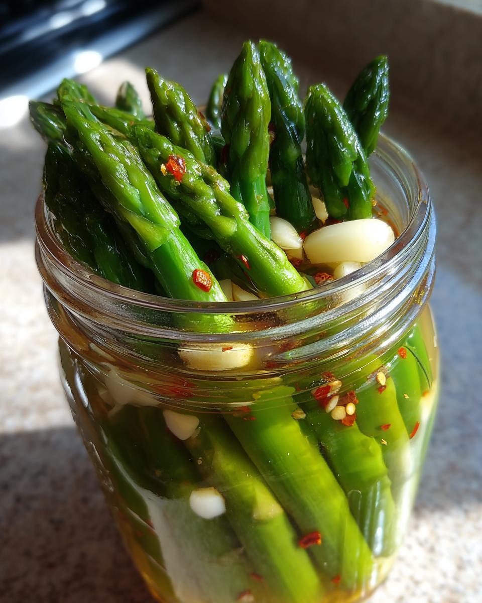Close-up of bright green pickled asparagus spears in a glass jar with garlic and red pepper flakes.