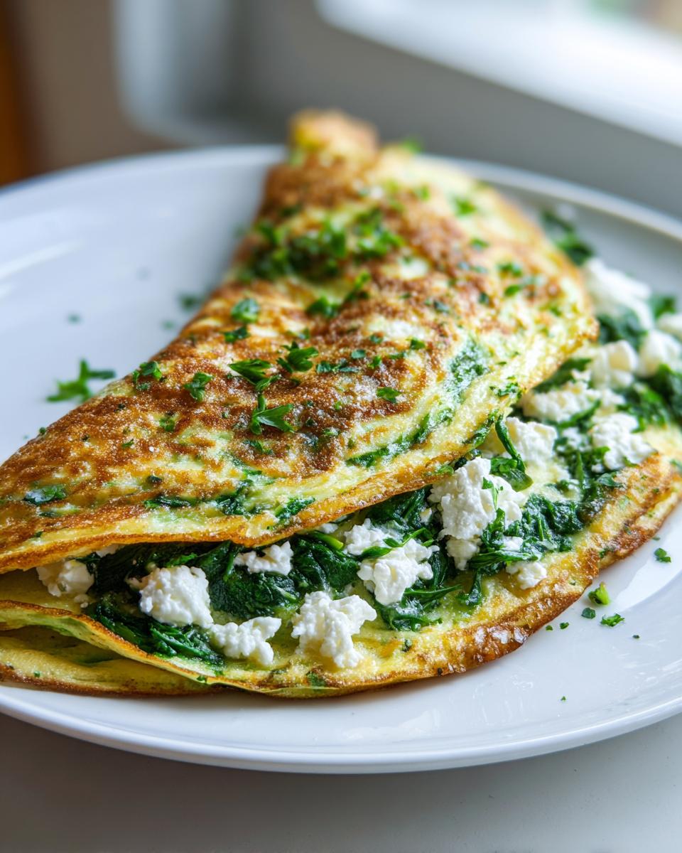 A perfectly folded Spinach feta omelette filled with bright green spinach and crumbled white feta cheese, garnished with parsley.