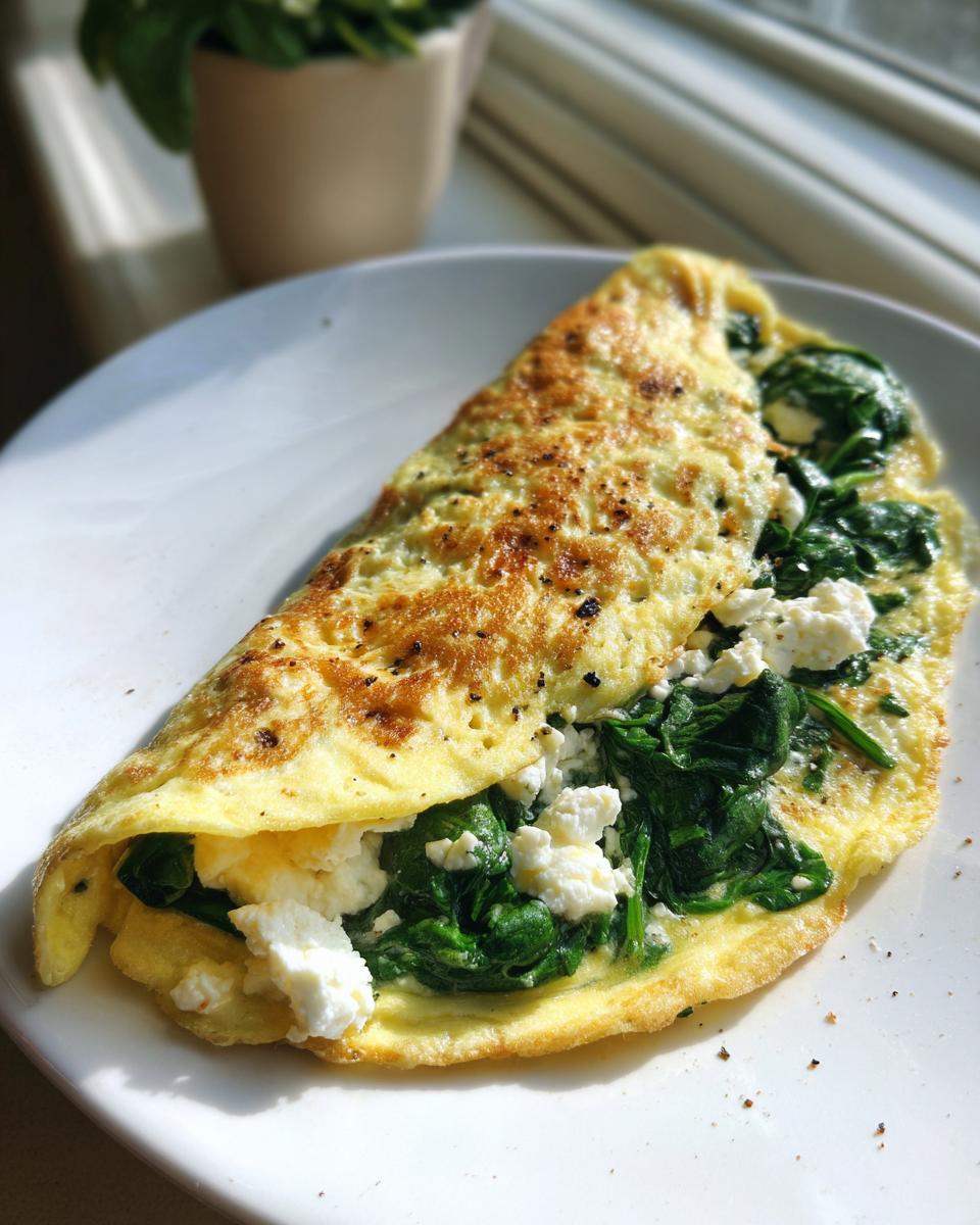 Close-up of a golden, folded Spinach Feta Omelette filled with wilted spinach and chunks of white feta cheese.