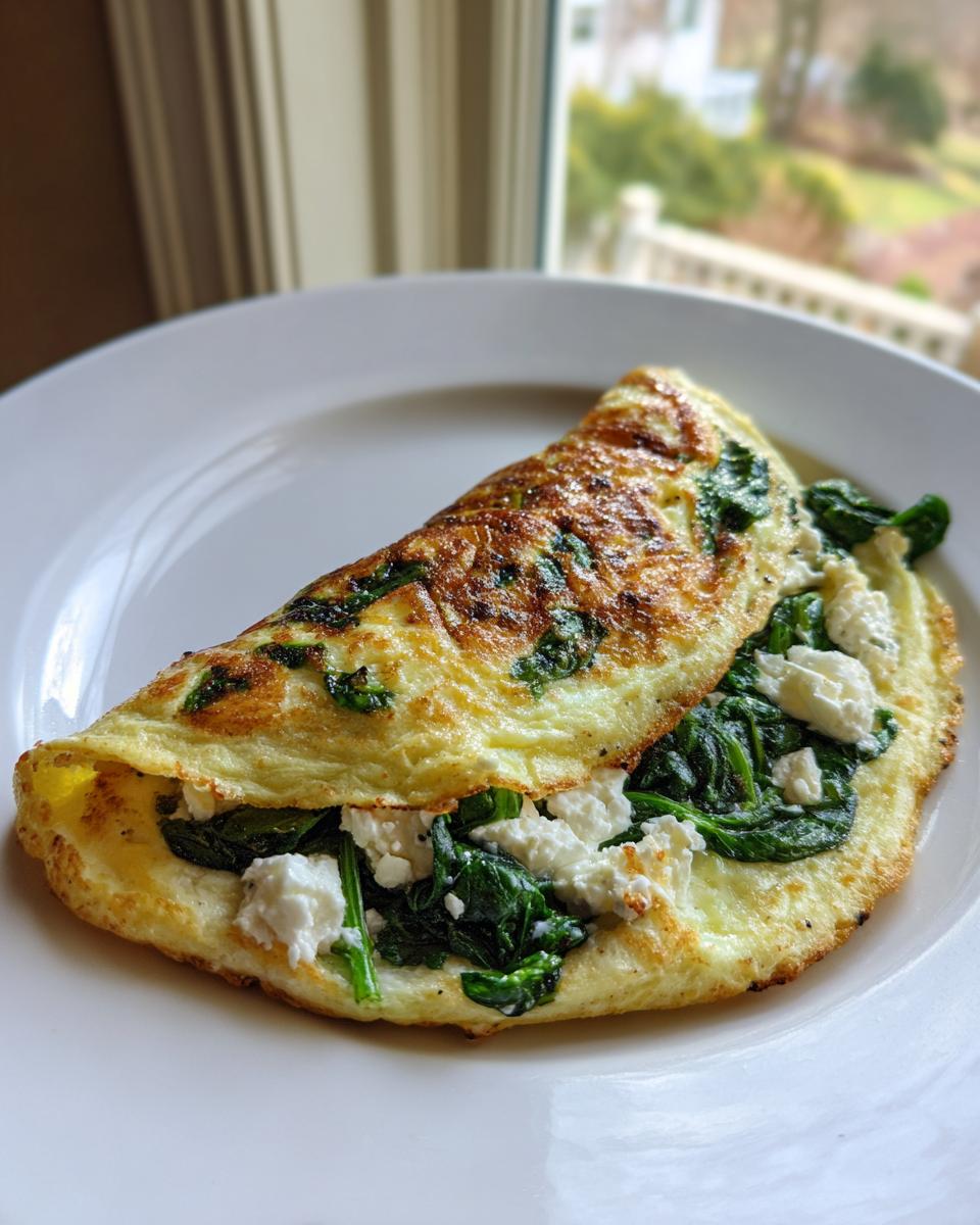 A golden-brown, perfectly folded spinach feta omelette filled with wilted spinach and crumbled white feta cheese, served on a white plate.