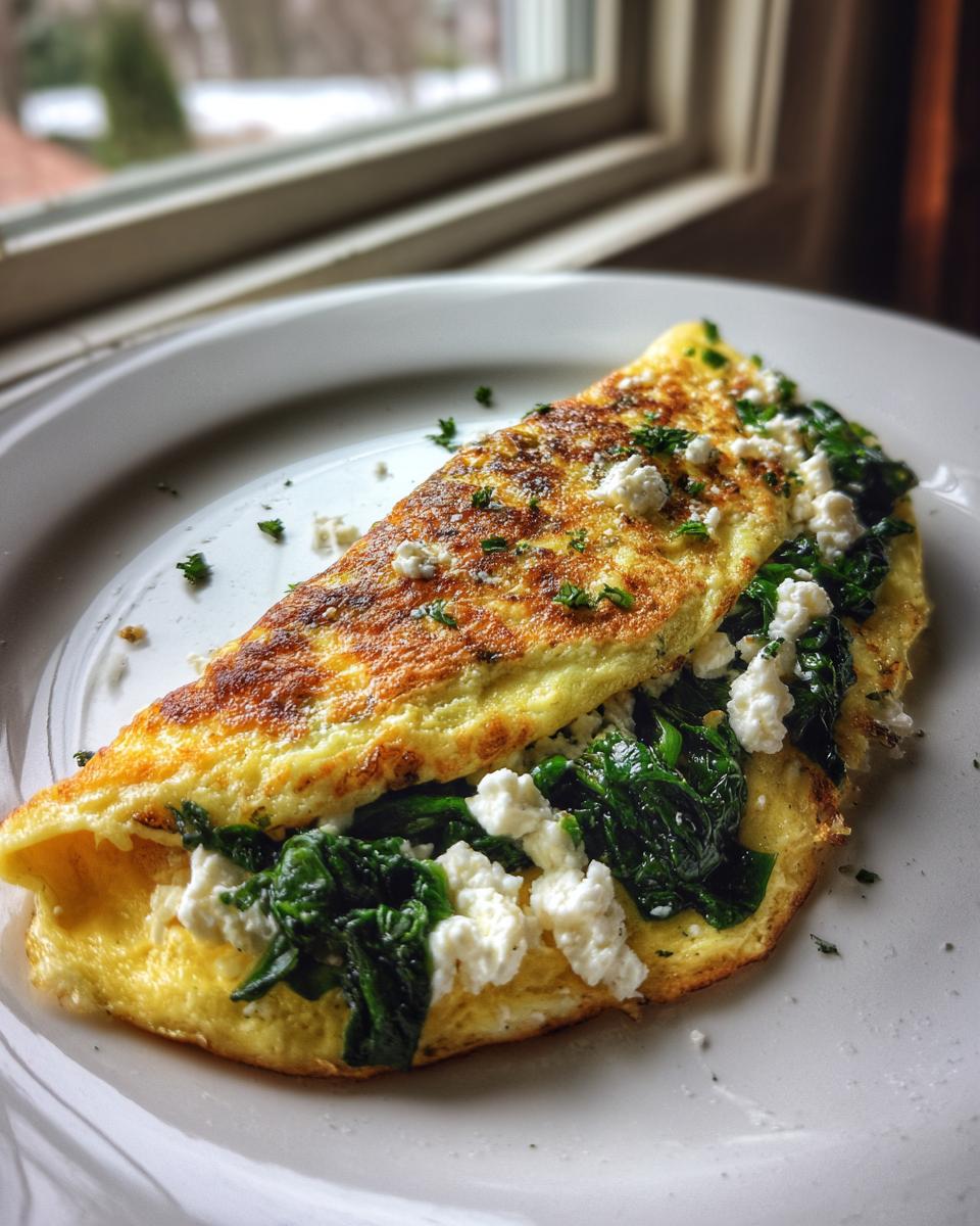 A golden-brown Spinach Feta Omelette, folded over a filling of wilted spinach and crumbled feta cheese, garnished with parsley.
