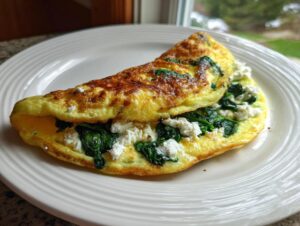 A golden-brown, folded Spinach Feta Omelette filled with bright green spinach and white feta cheese, served on a white plate.