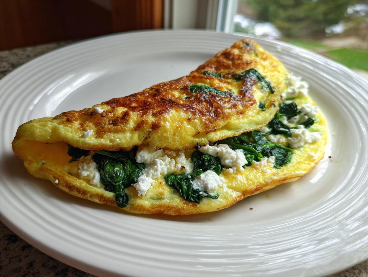 A golden-brown, folded Spinach Feta Omelette filled with bright green spinach and white feta cheese, served on a white plate.