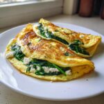 Two halves of a golden Spinach Feta Omelette stuffed with wilted spinach and crumbled white feta cheese, served on a white plate.